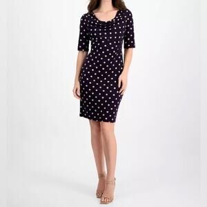 Connected Apparel Women's Cowlneck Polka-Dot Sheath Dress Eggplant/Camel Sz 14